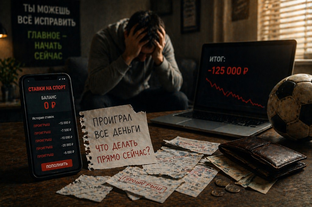 Тёмная комната: на столе записка «Проиграл все деньги на ставках — что делать прямо сейчас?», телефон со ставками на спорт и нулевым балансом, ноутбук с итогом −125 000 ₽ и красным графиком вниз, пустой кошелёк и разбросанные купоны «Проигрыш»; на заднем плане человек держится за голову